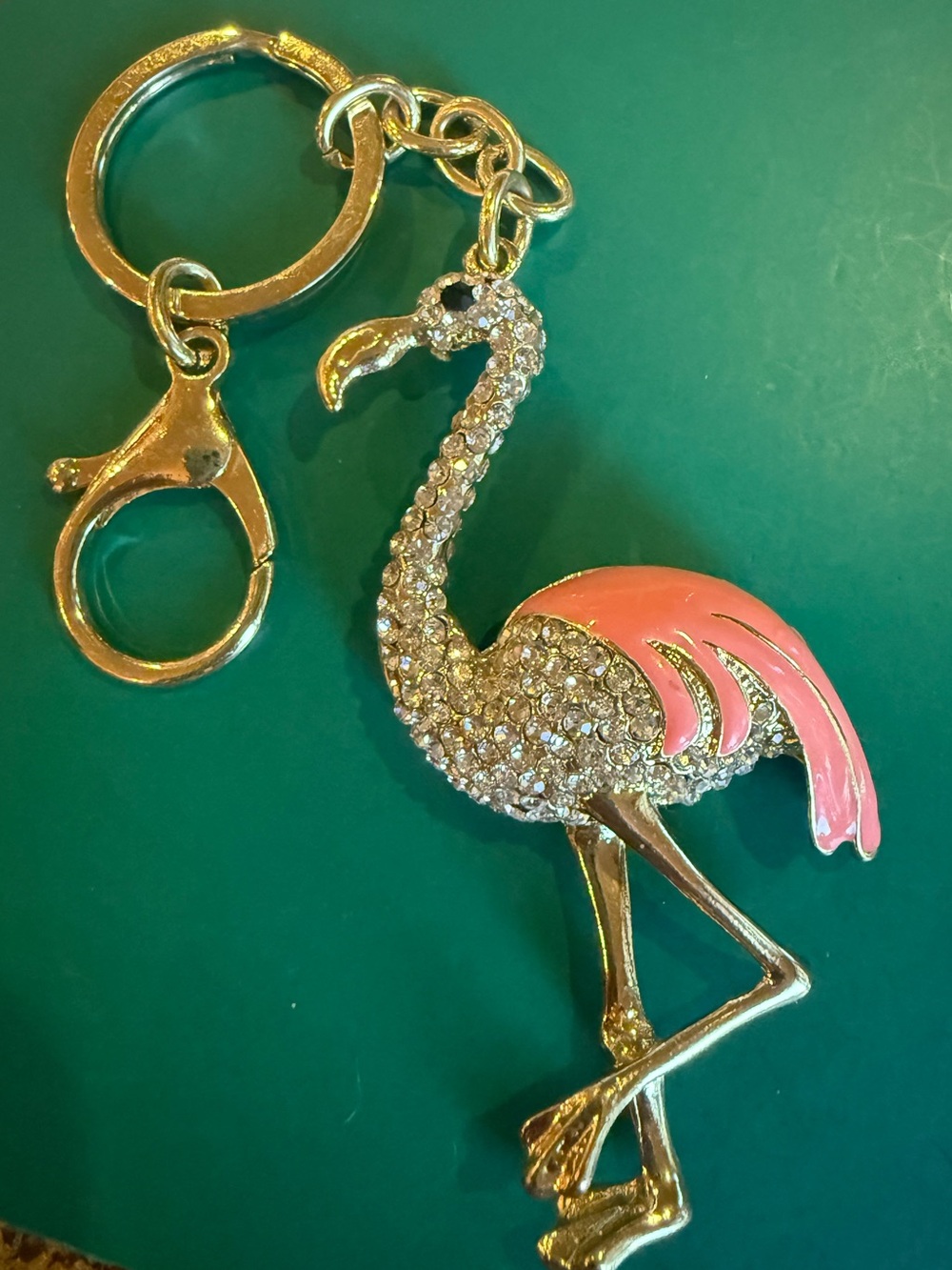 Gold Rhinestone & Pink Enamel Flamingo Key Chain / Bag Charm